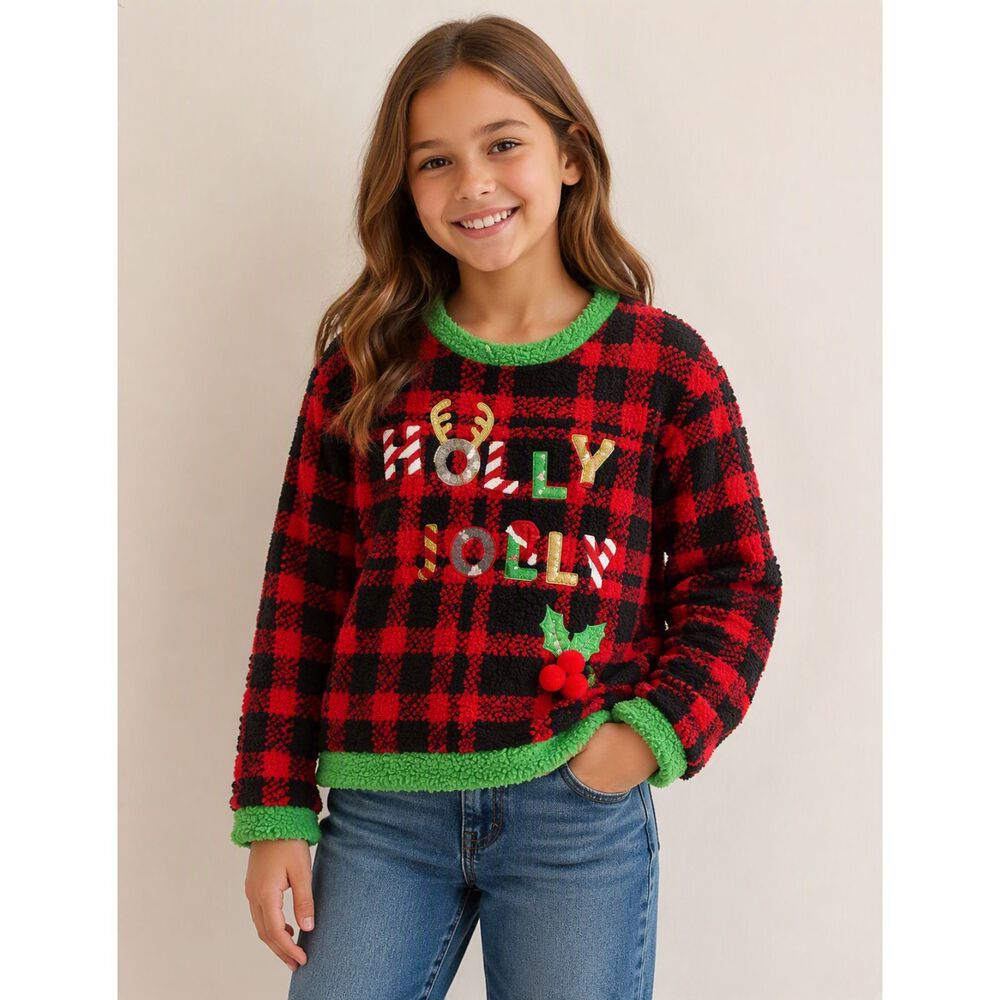 Margaux & Lexi Holly Jolly Sherpa Christmas Sweater Buffalo Plaid Size 10/12